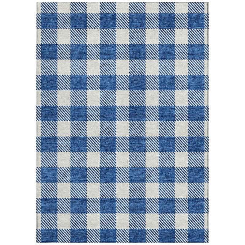 5' X 8' Navy Blue And Gray Plaid Washable Indoor Outdoor Area Rug