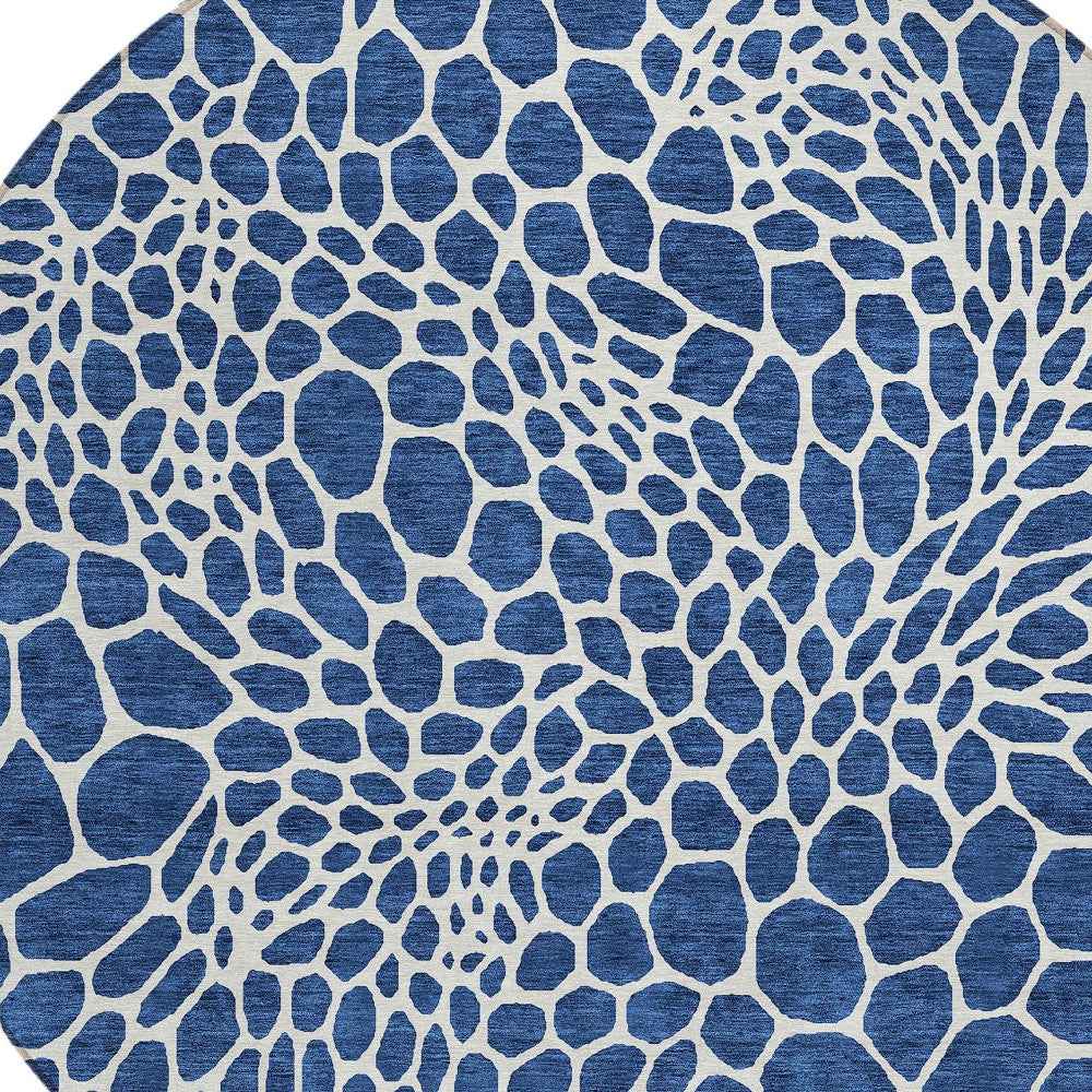 8' Navy Blue And Ivory Round Geometric Washable Indoor Outdoor Area Rug