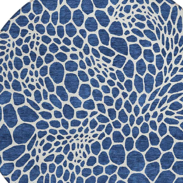 8' Navy Blue And Ivory Round Geometric Washable Indoor Outdoor Area Rug