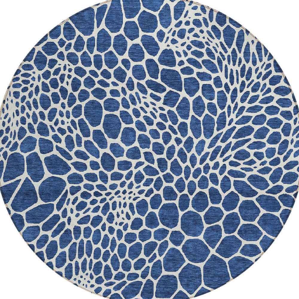 8' Navy Blue And Ivory Round Geometric Washable Indoor Outdoor Area Rug