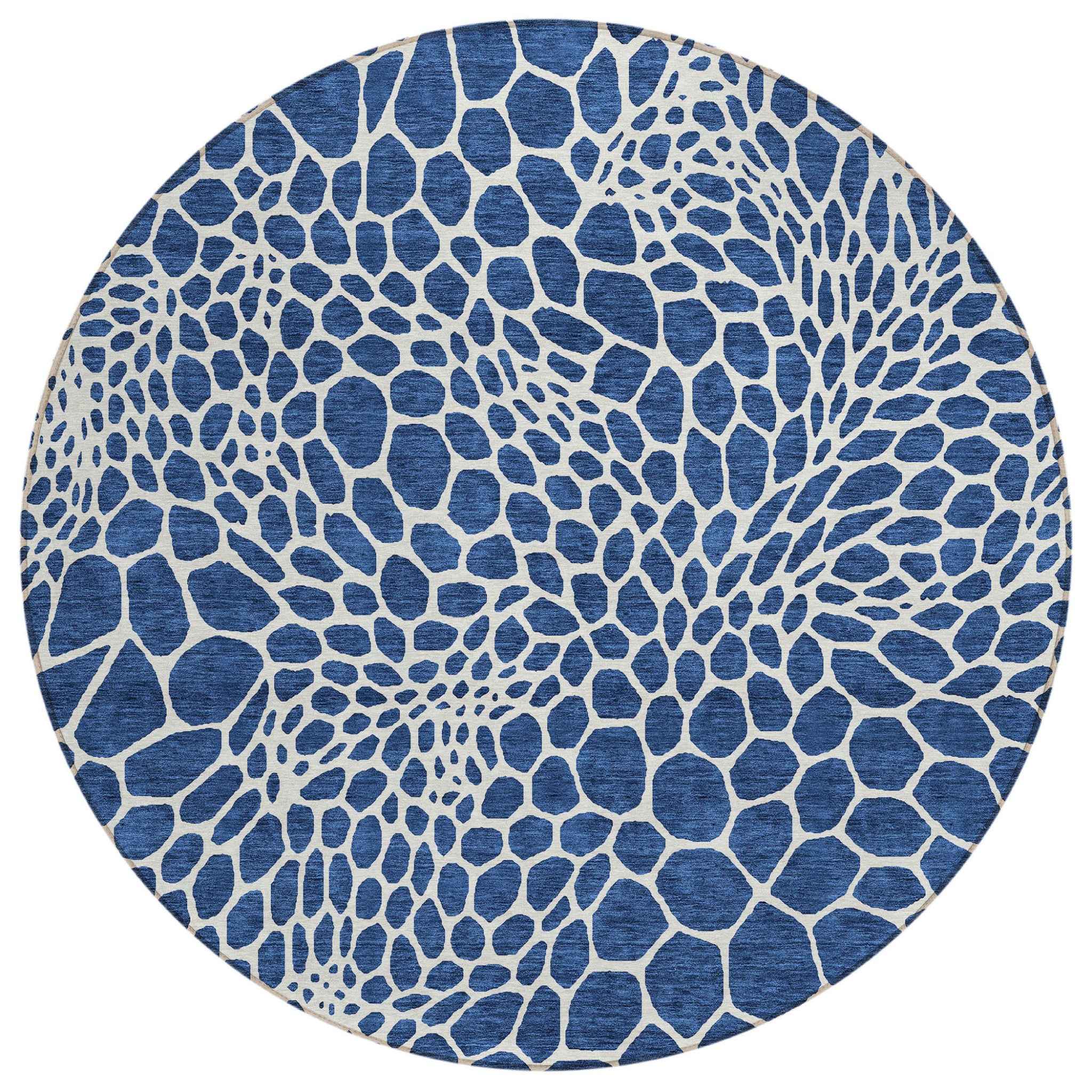 8' Navy Blue And Ivory Round Geometric Washable Indoor Outdoor Area Rug