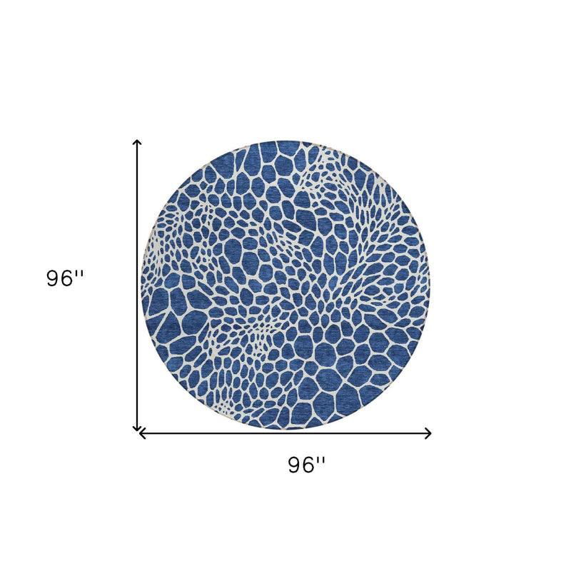 8' Navy Blue And Ivory Round Geometric Washable Indoor Outdoor Area Rug