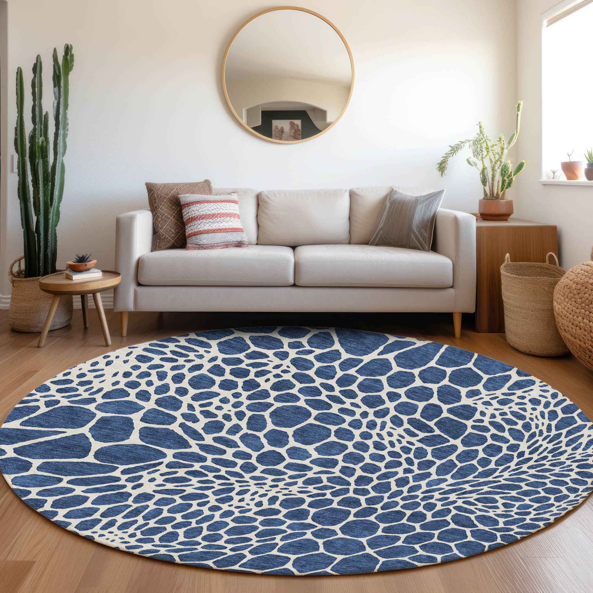 8' Navy Blue And Ivory Round Geometric Washable Indoor Outdoor Area Rug
