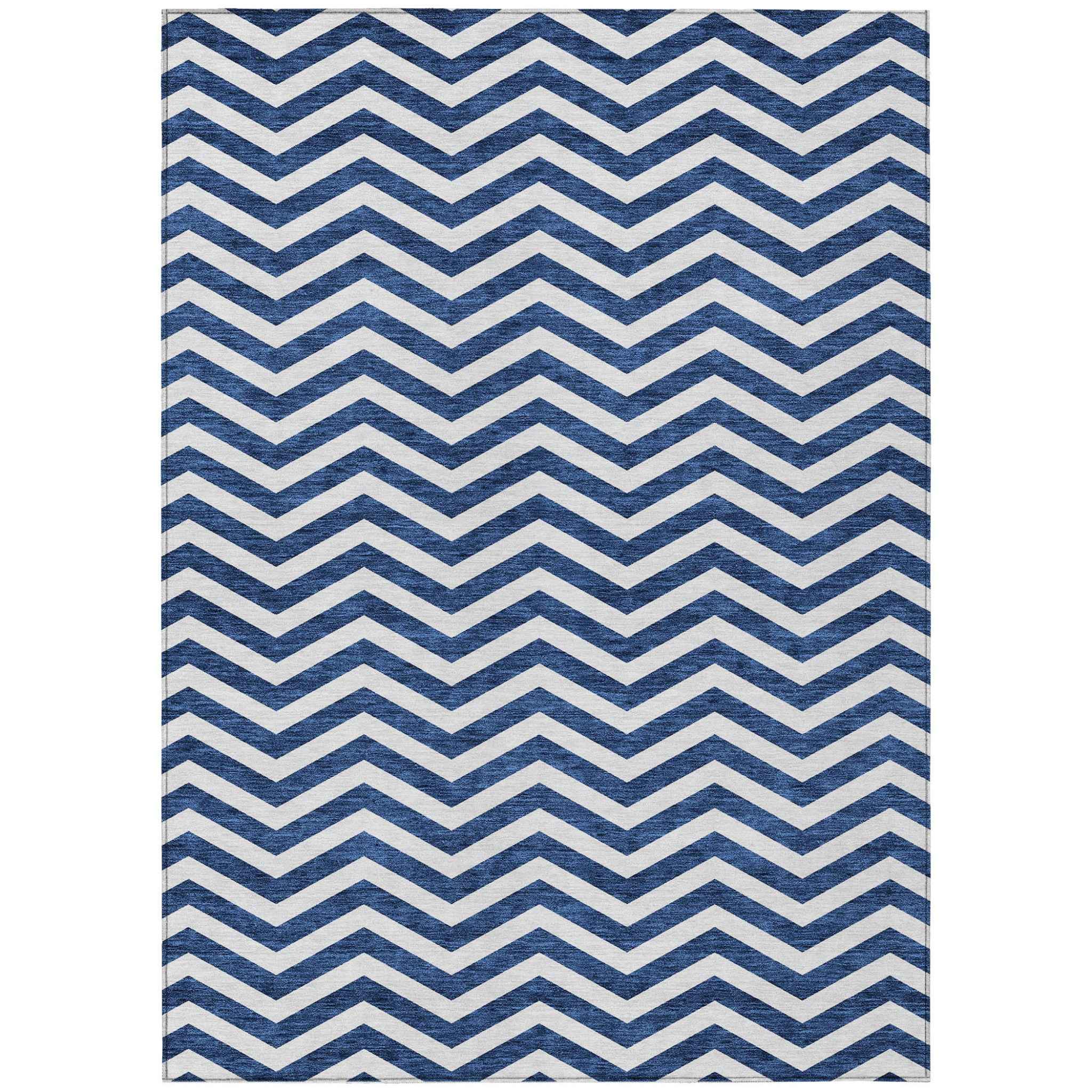 5' X 8' Navy Blue And Ivory Chevron Washable Indoor Outdoor Area Rug