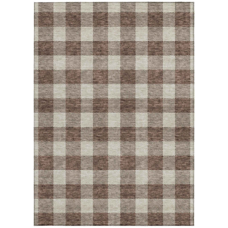 3' X 5' Brown And Beige Plaid Washable Indoor Outdoor Area Rug
