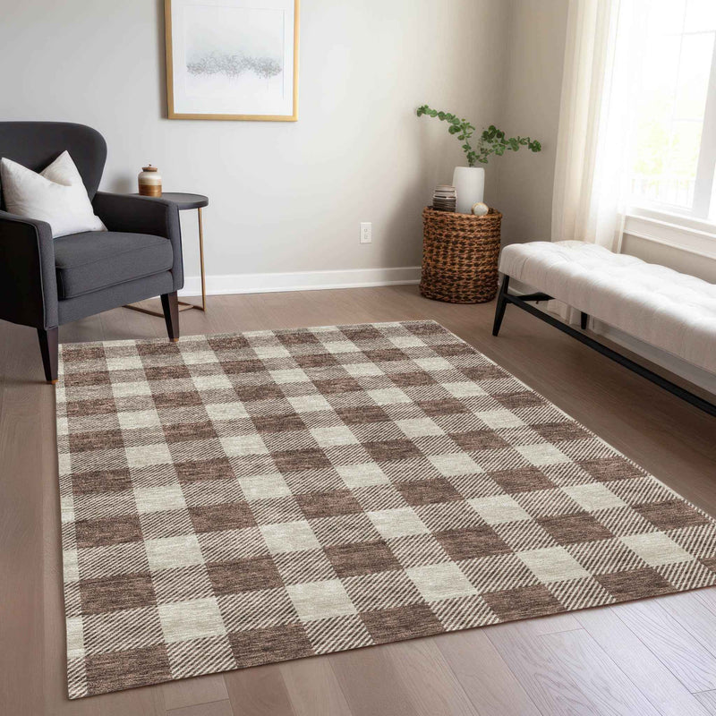 3' X 5' Brown And Beige Plaid Washable Indoor Outdoor Area Rug