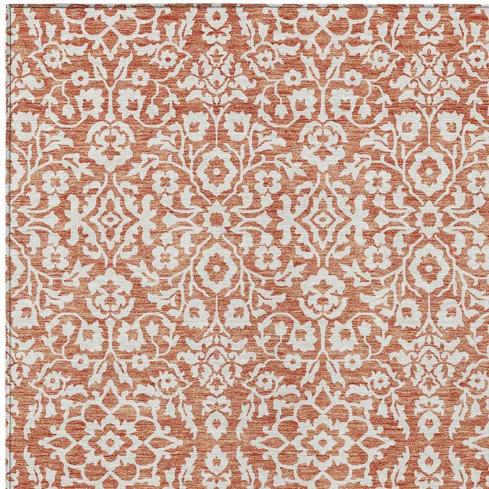 10' X 14' Coral And Ivory Damask Washable Indoor Outdoor Area Rug