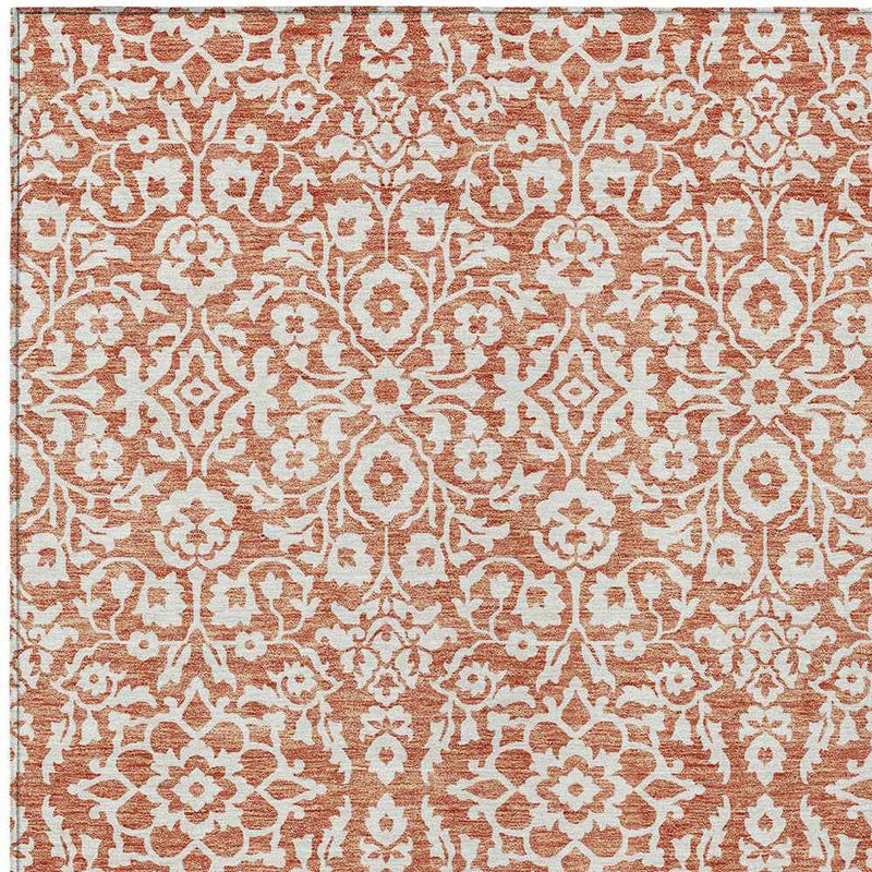 10' X 14' Coral And Ivory Damask Washable Indoor Outdoor Area Rug