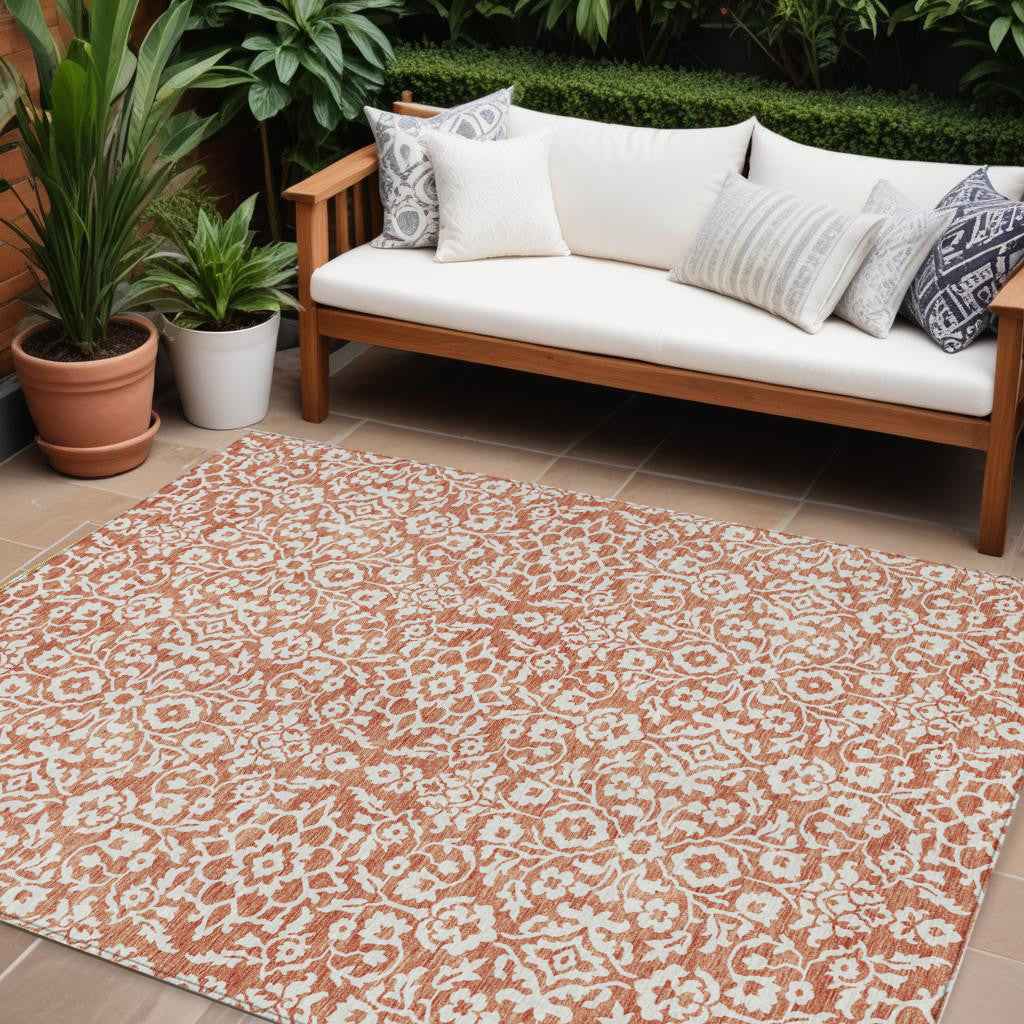 10' X 14' Coral And Ivory Damask Washable Indoor Outdoor Area Rug