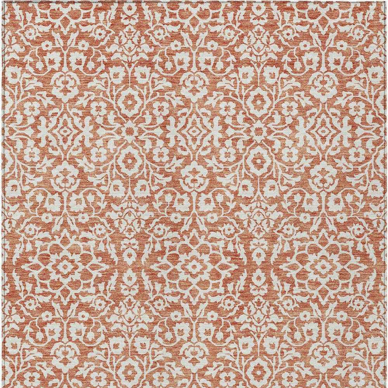 10' X 14' Coral And Ivory Damask Washable Indoor Outdoor Area Rug