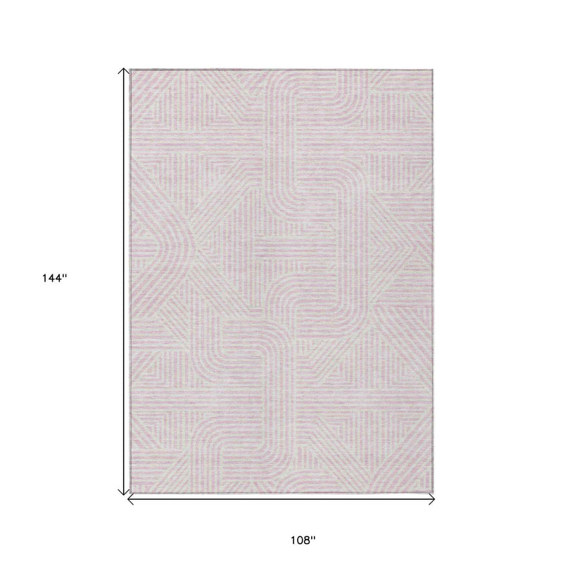 9' X 12' Pink And Ivory Abstract Washable Indoor Outdoor Area Rug