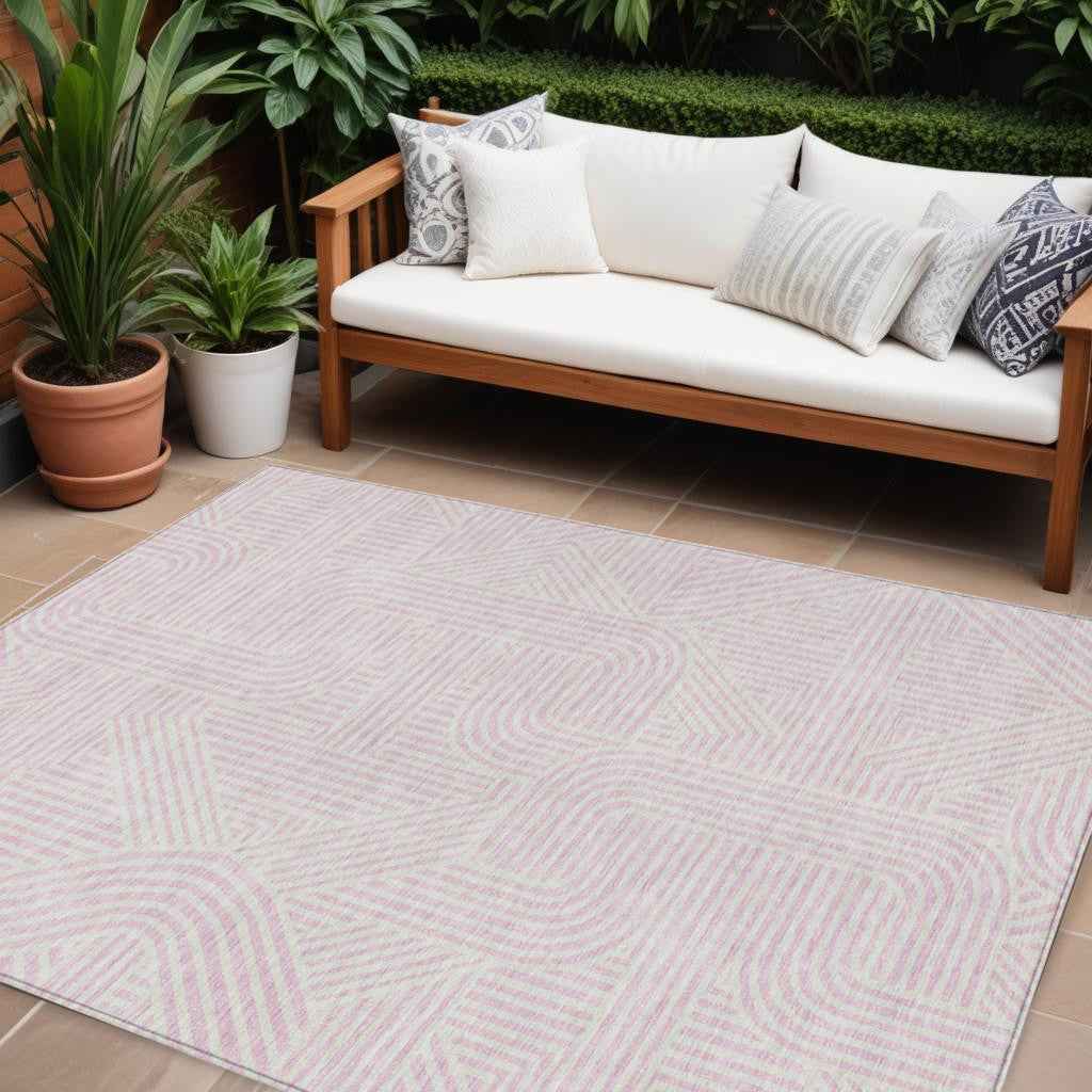 9' X 12' Pink And Ivory Abstract Washable Indoor Outdoor Area Rug
