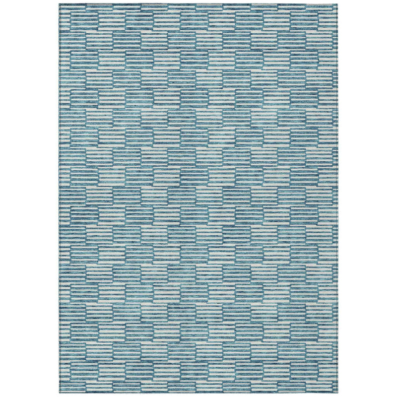 5' X 8' Teal Blue And Ivory Geometric Washable Indoor Outdoor Area Rug