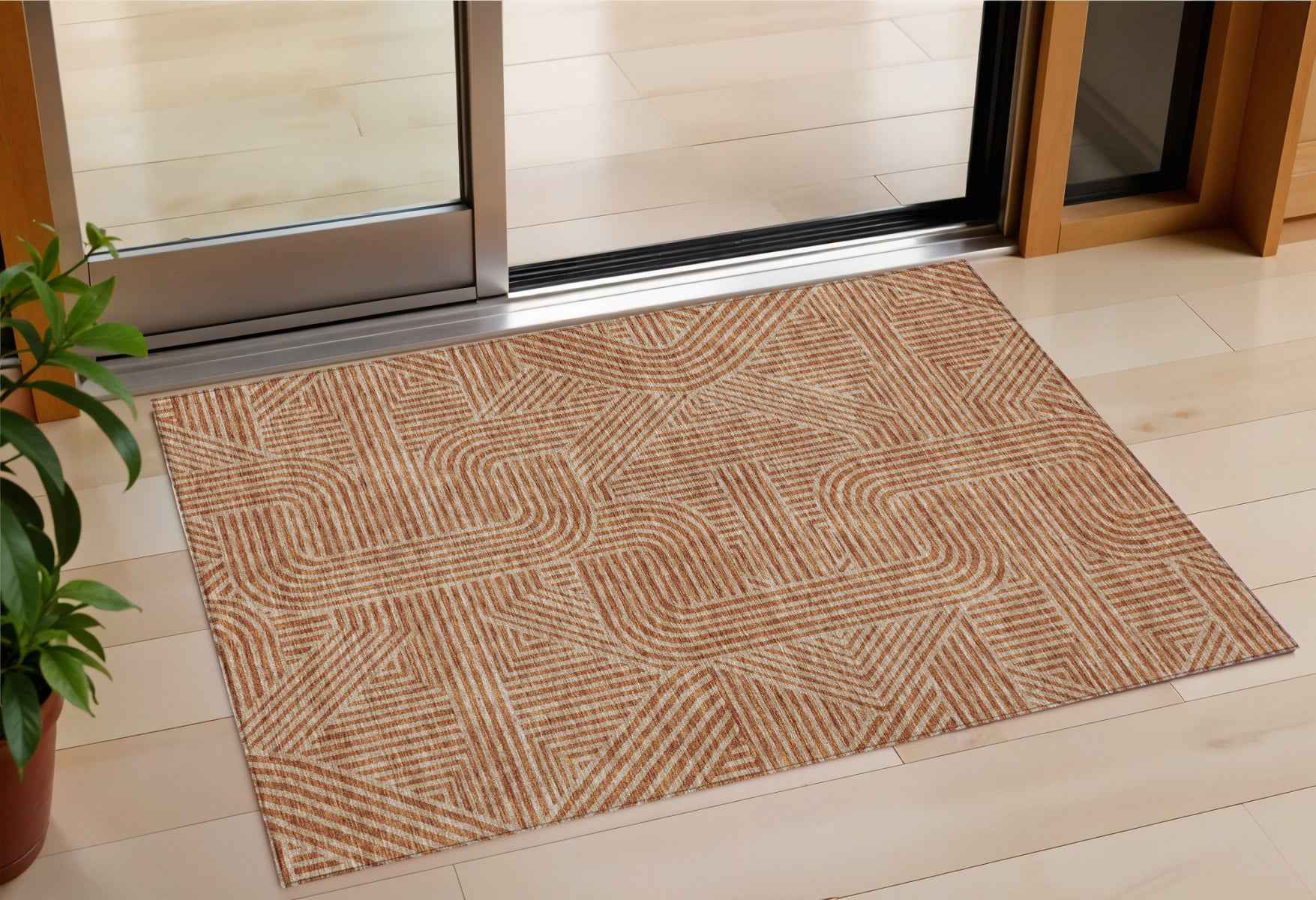 3' X 5' Terra Cotta And Brown Abstract Washable Indoor Outdoor Area Rug