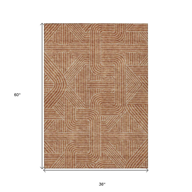 3' X 5' Terra Cotta And Brown Abstract Washable Indoor Outdoor Area Rug