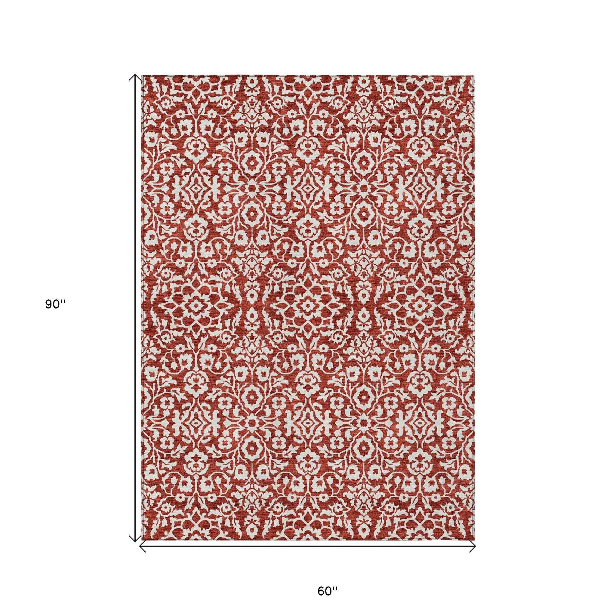 5' X 8' Red And Ivory Damask Washable Indoor Outdoor Area Rug