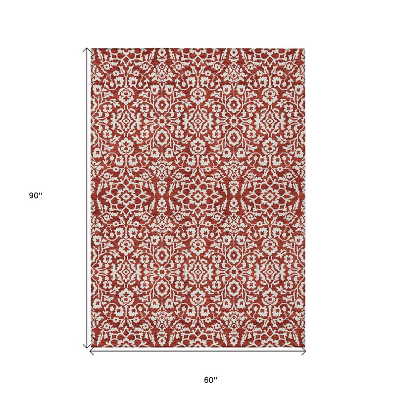 5' X 8' Red And Ivory Damask Washable Indoor Outdoor Area Rug