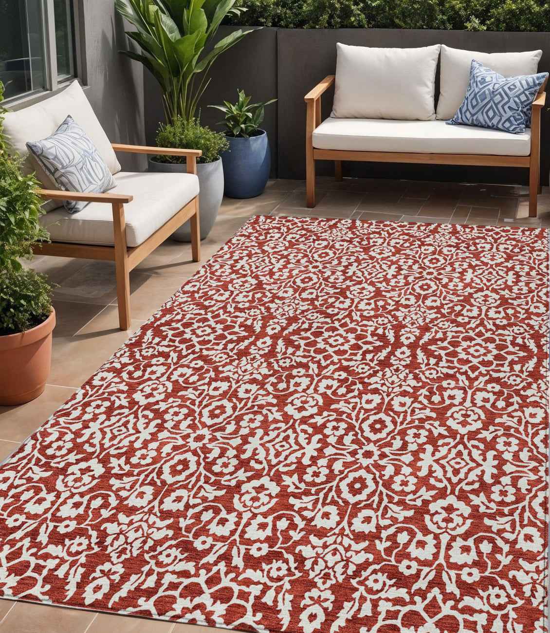 5' X 8' Red And Ivory Damask Washable Indoor Outdoor Area Rug