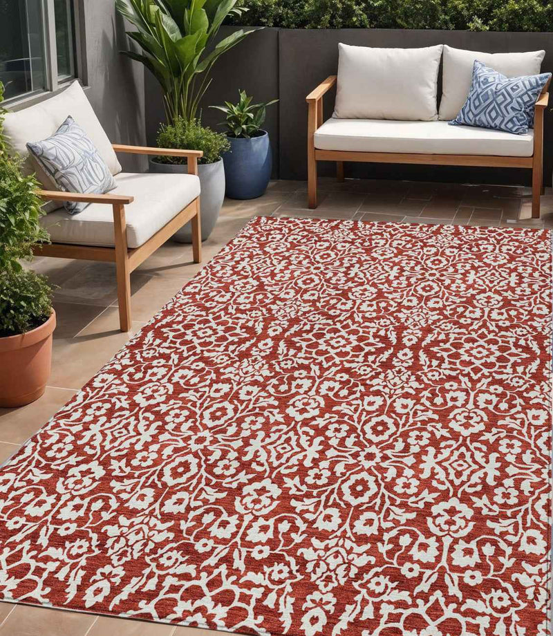 5' X 8' Red And Ivory Damask Washable Indoor Outdoor Area Rug