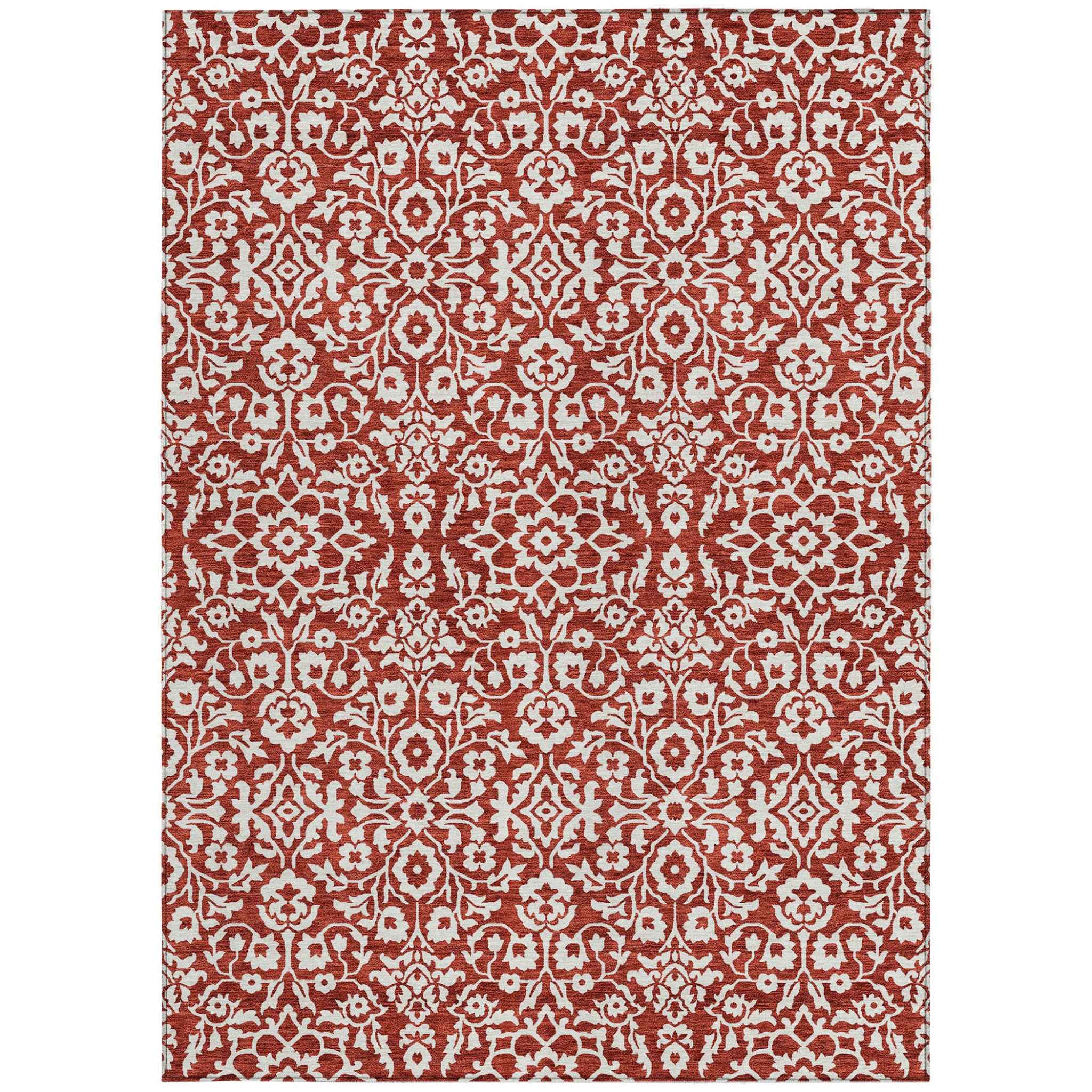 5' X 8' Red And Ivory Damask Washable Indoor Outdoor Area Rug