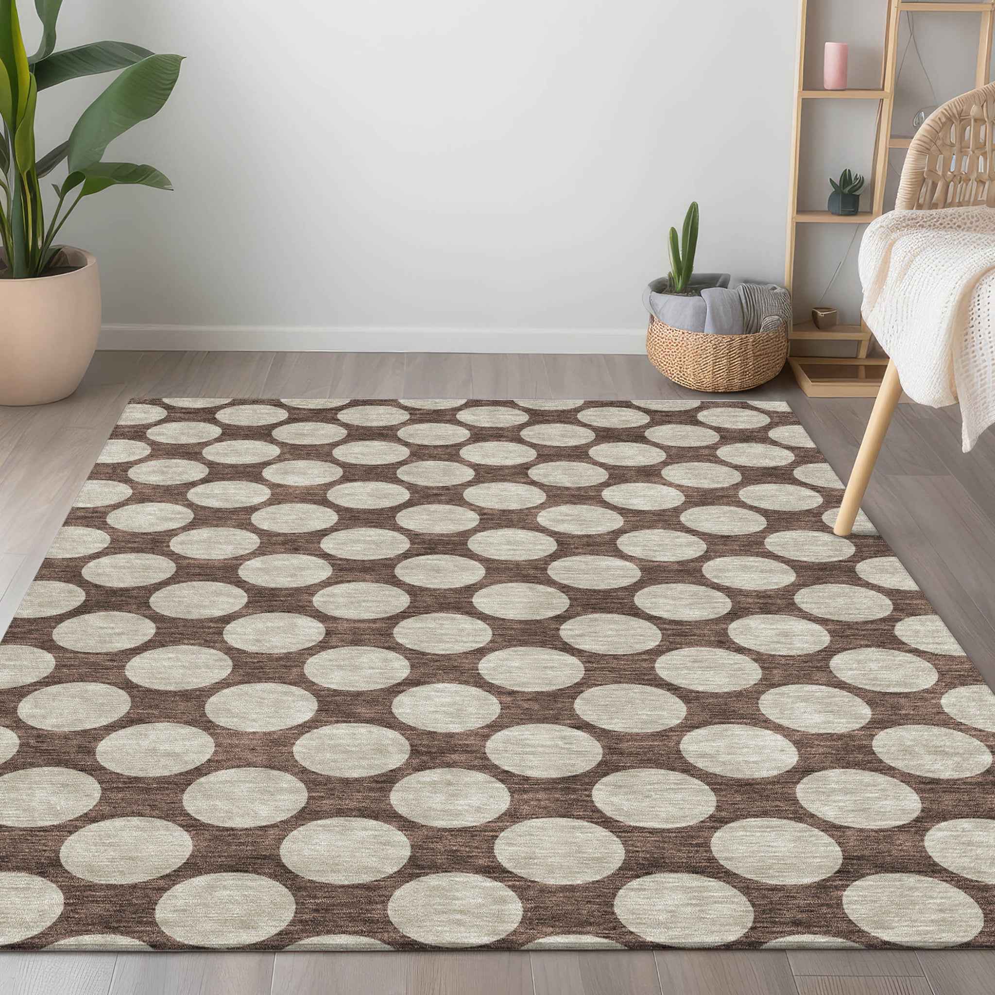 10' X 14' Brown And Beige Polka Dot Washable Indoor Outdoor Area Rug