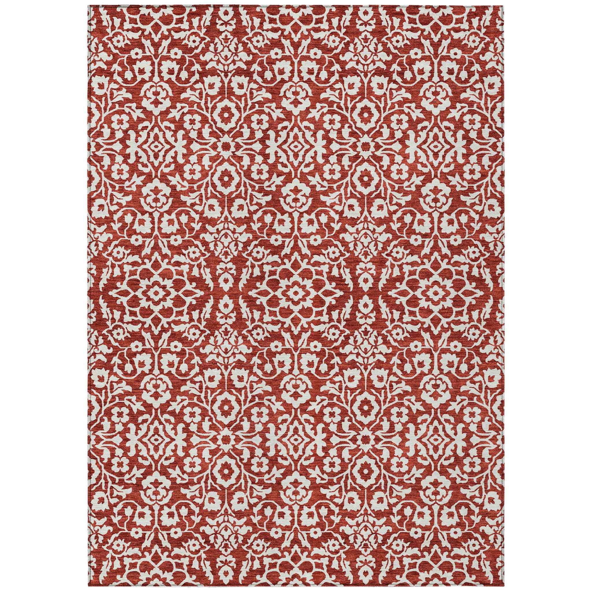5' X 8' Red And Ivory Damask Washable Indoor Outdoor Area Rug