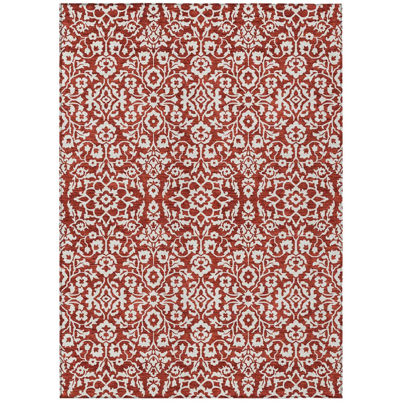 5' X 8' Red And Ivory Damask Washable Indoor Outdoor Area Rug