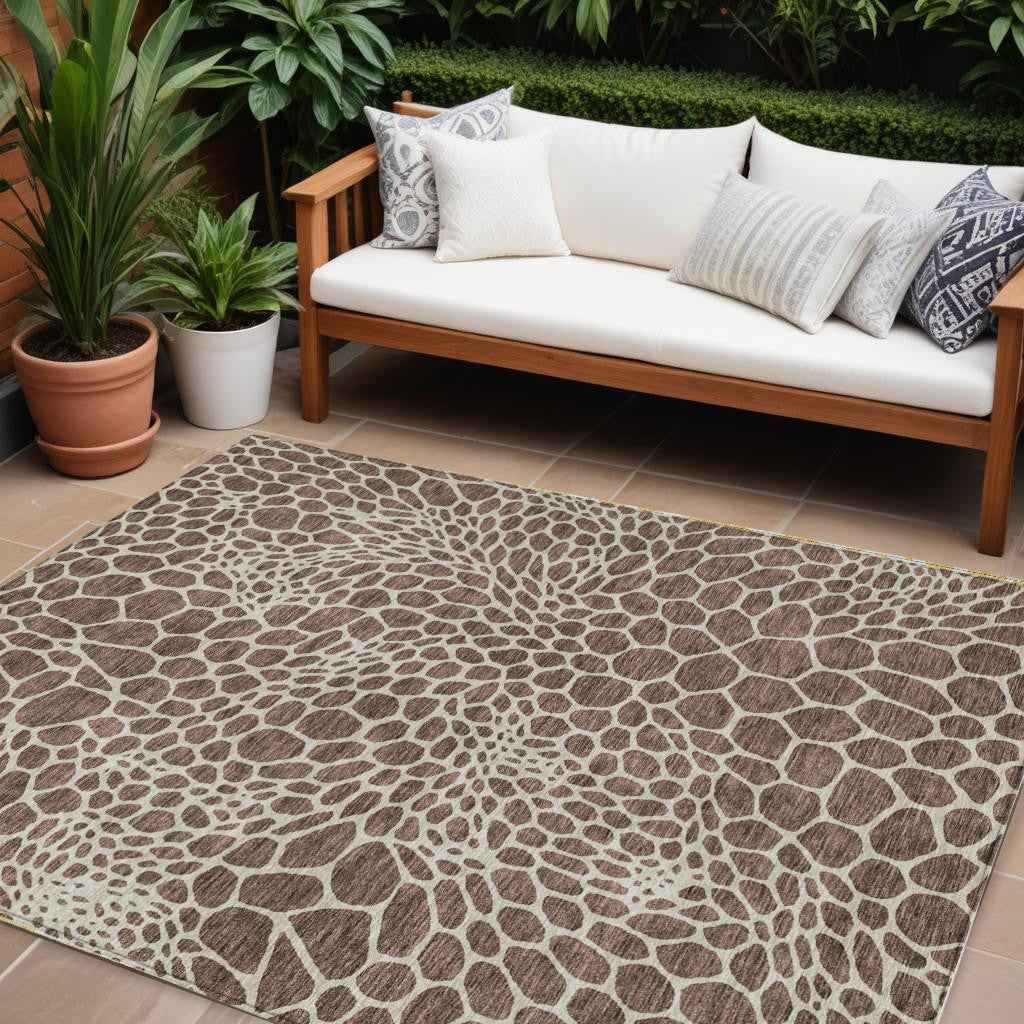 8' X 10' Brown And Beige Geometric Washable Indoor Outdoor Area Rug