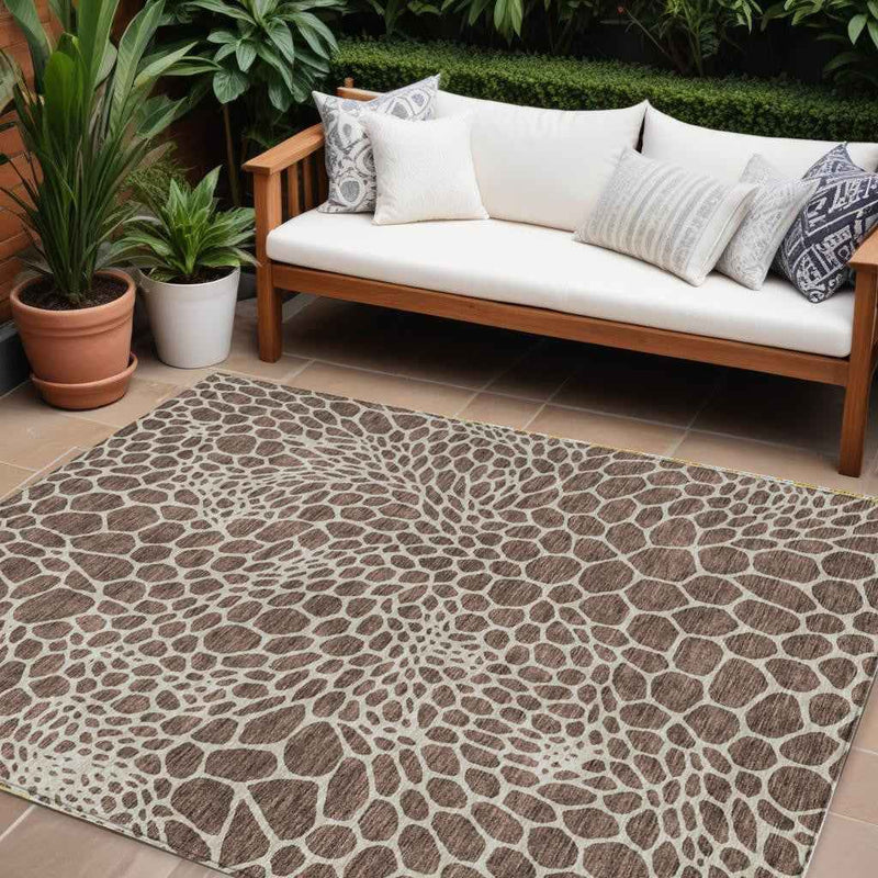 8' X 10' Brown And Beige Geometric Washable Indoor Outdoor Area Rug