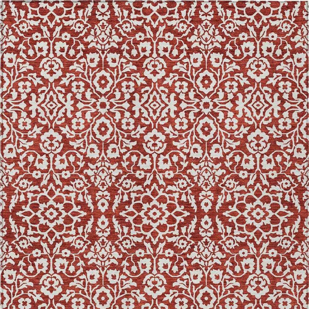 5' X 8' Red And Ivory Damask Washable Indoor Outdoor Area Rug