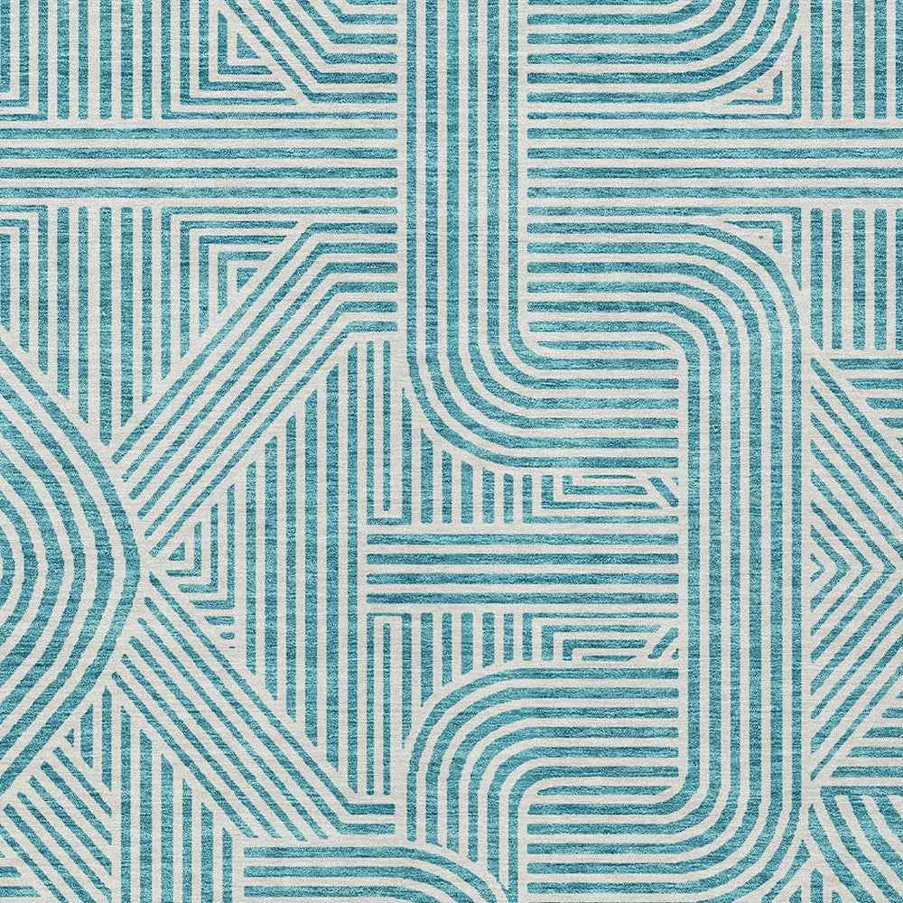 9' X 12' Teal Blue And Ivory Abstract Washable Indoor Outdoor Area Rug