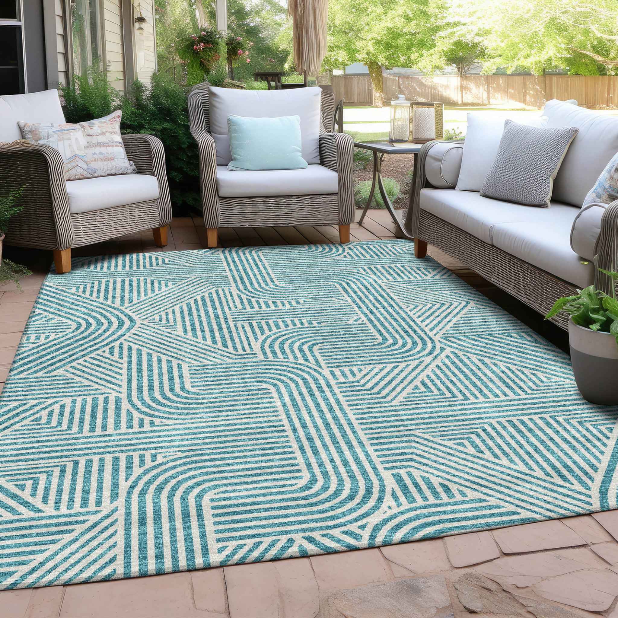 9' X 12' Teal Blue And Ivory Abstract Washable Indoor Outdoor Area Rug
