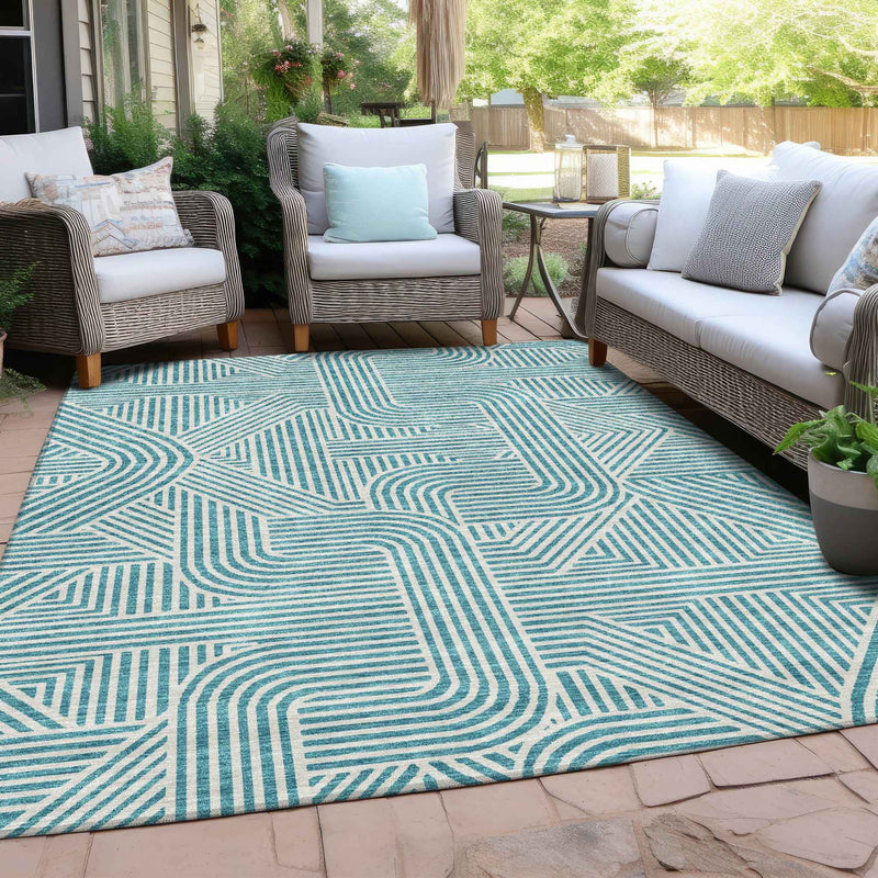 9' X 12' Teal Blue And Ivory Abstract Washable Indoor Outdoor Area Rug