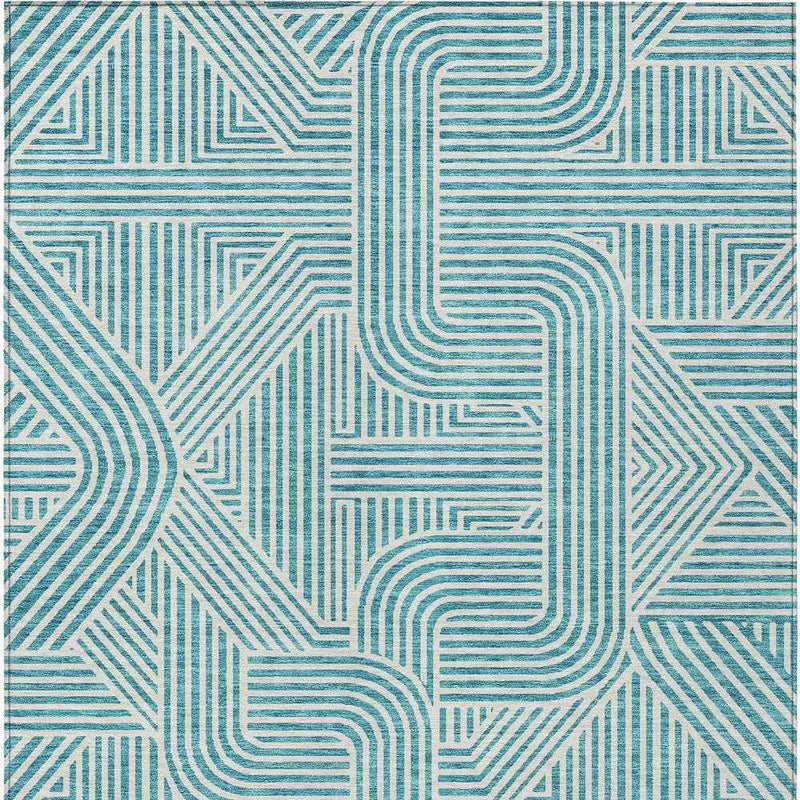 9' X 12' Teal Blue And Ivory Abstract Washable Indoor Outdoor Area Rug