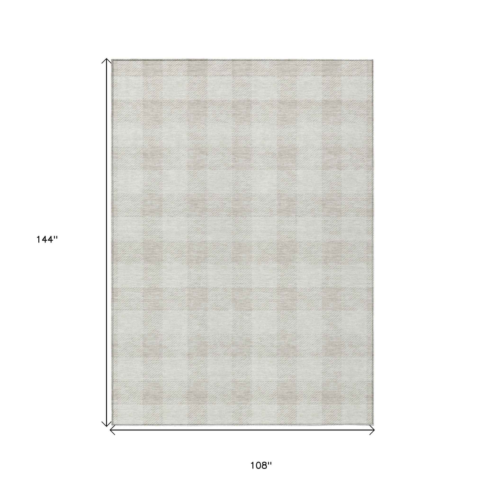 9' X 12' Ivory And Beige Plaid Washable Indoor Outdoor Area Rug