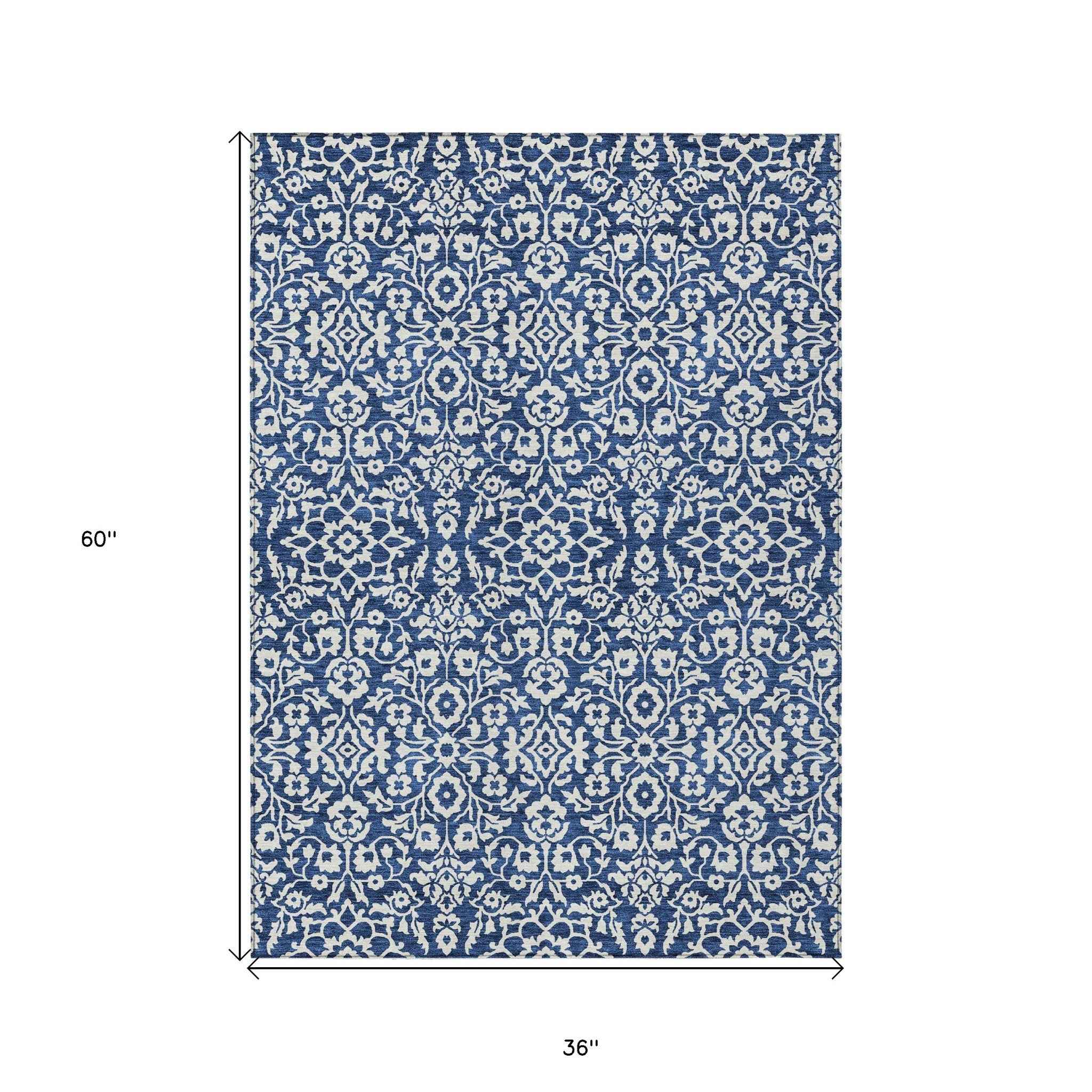 3' X 5' Navy Blue And Ivory Damask Washable Indoor Outdoor Area Rug