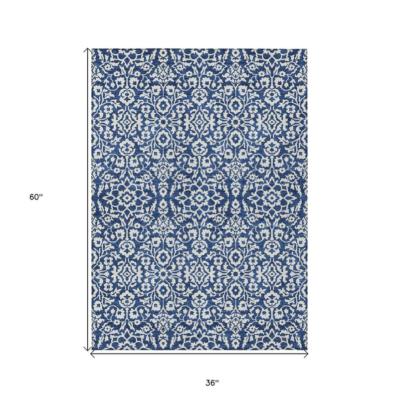 3' X 5' Navy Blue And Ivory Damask Washable Indoor Outdoor Area Rug