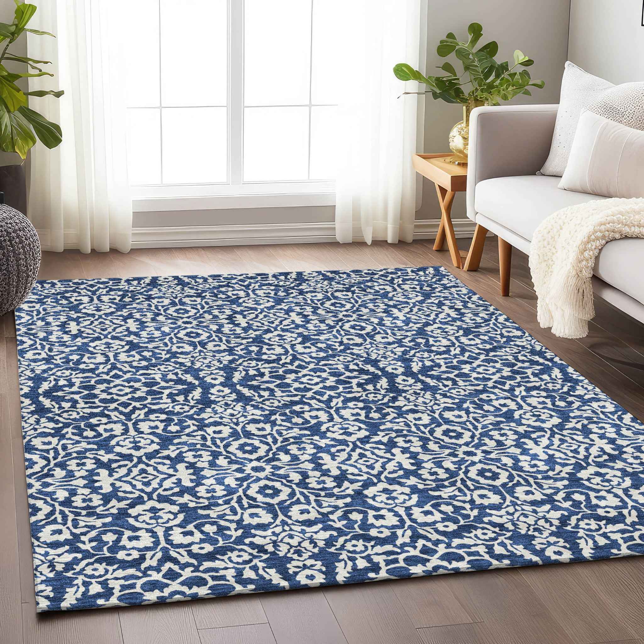 3' X 5' Navy Blue And Ivory Damask Washable Indoor Outdoor Area Rug