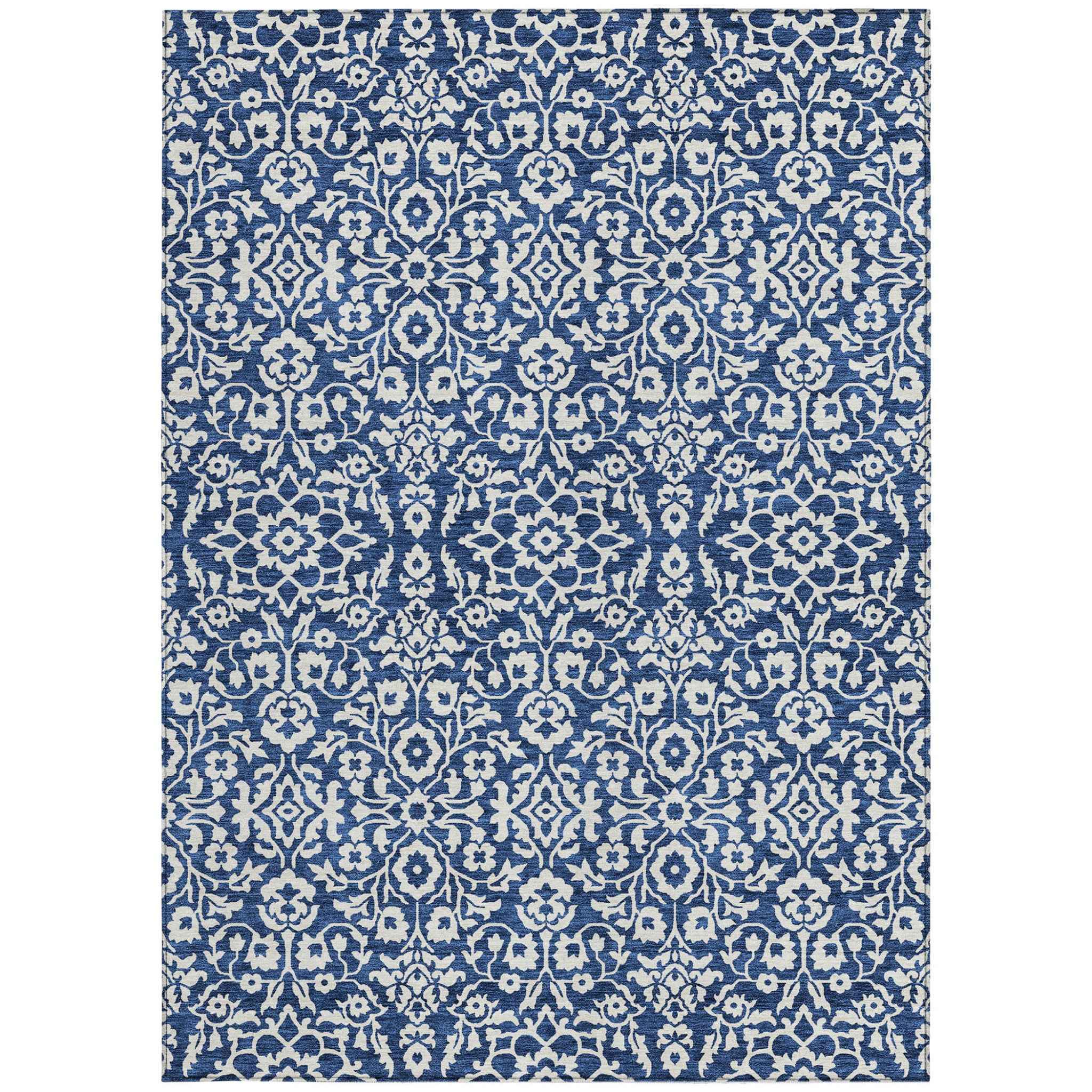 3' X 5' Navy Blue And Ivory Damask Washable Indoor Outdoor Area Rug