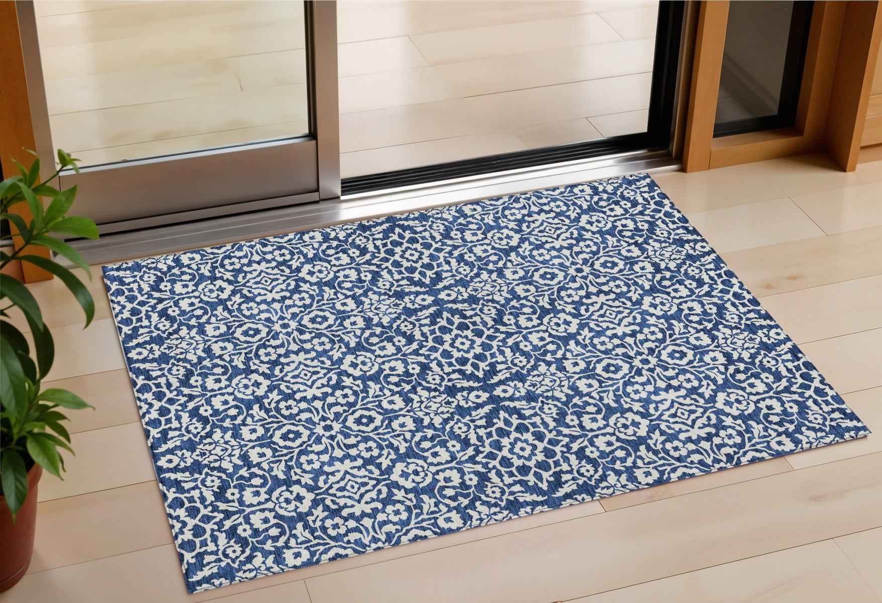 3' X 5' Navy Blue And Ivory Damask Washable Indoor Outdoor Area Rug