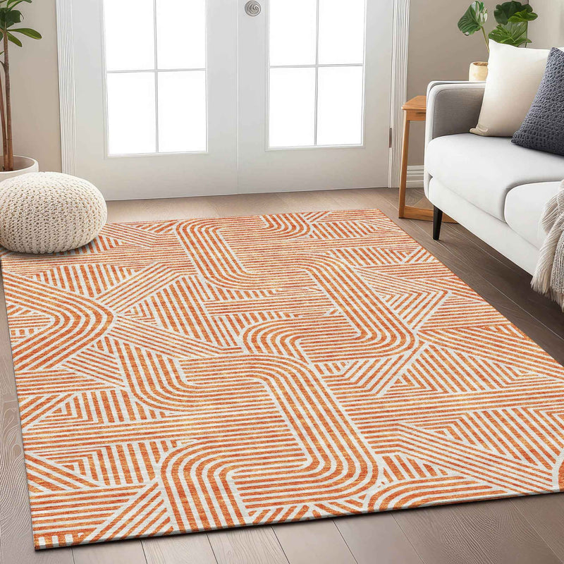 3' X 5' Orange And Ivory Abstract Washable Indoor Outdoor Area Rug