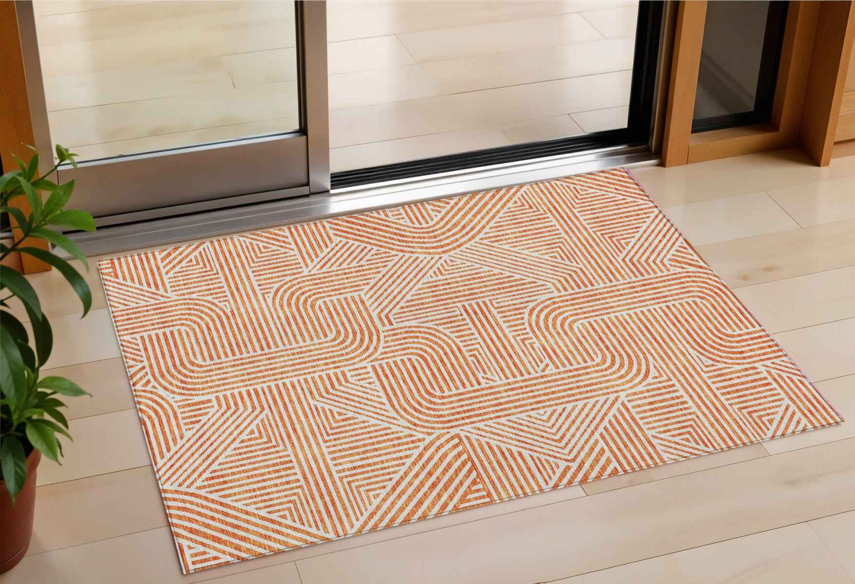 3' X 5' Orange And Ivory Abstract Washable Indoor Outdoor Area Rug