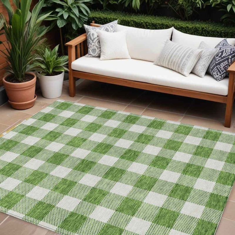 9' X 12' Green And Gray Plaid Washable Indoor Outdoor Area Rug
