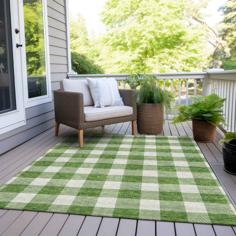 9' X 12' Green And Gray Plaid Washable Indoor Outdoor Area Rug