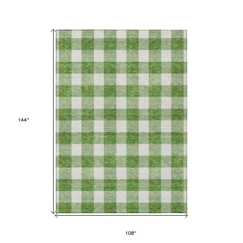9' X 12' Green And Gray Plaid Washable Indoor Outdoor Area Rug