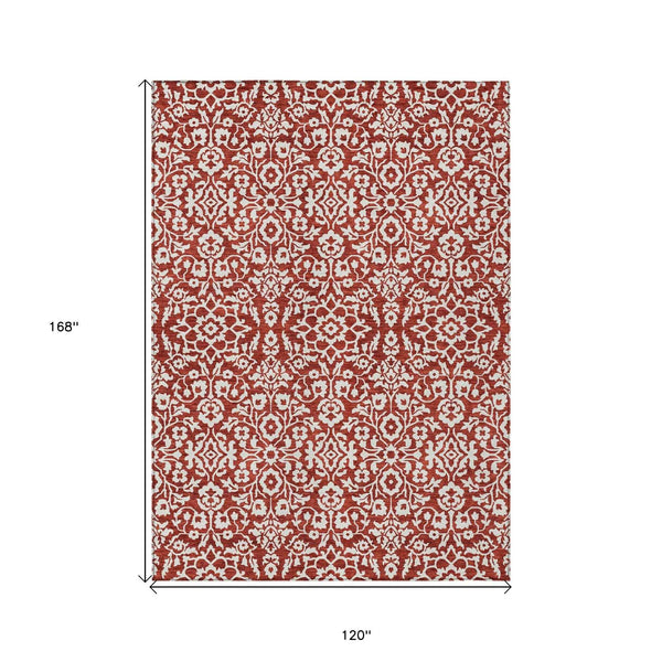 10' X 14' Red And Ivory Damask Washable Indoor Outdoor Area Rug