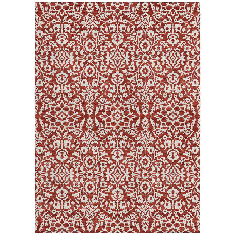 10' X 14' Red And Ivory Damask Washable Indoor Outdoor Area Rug