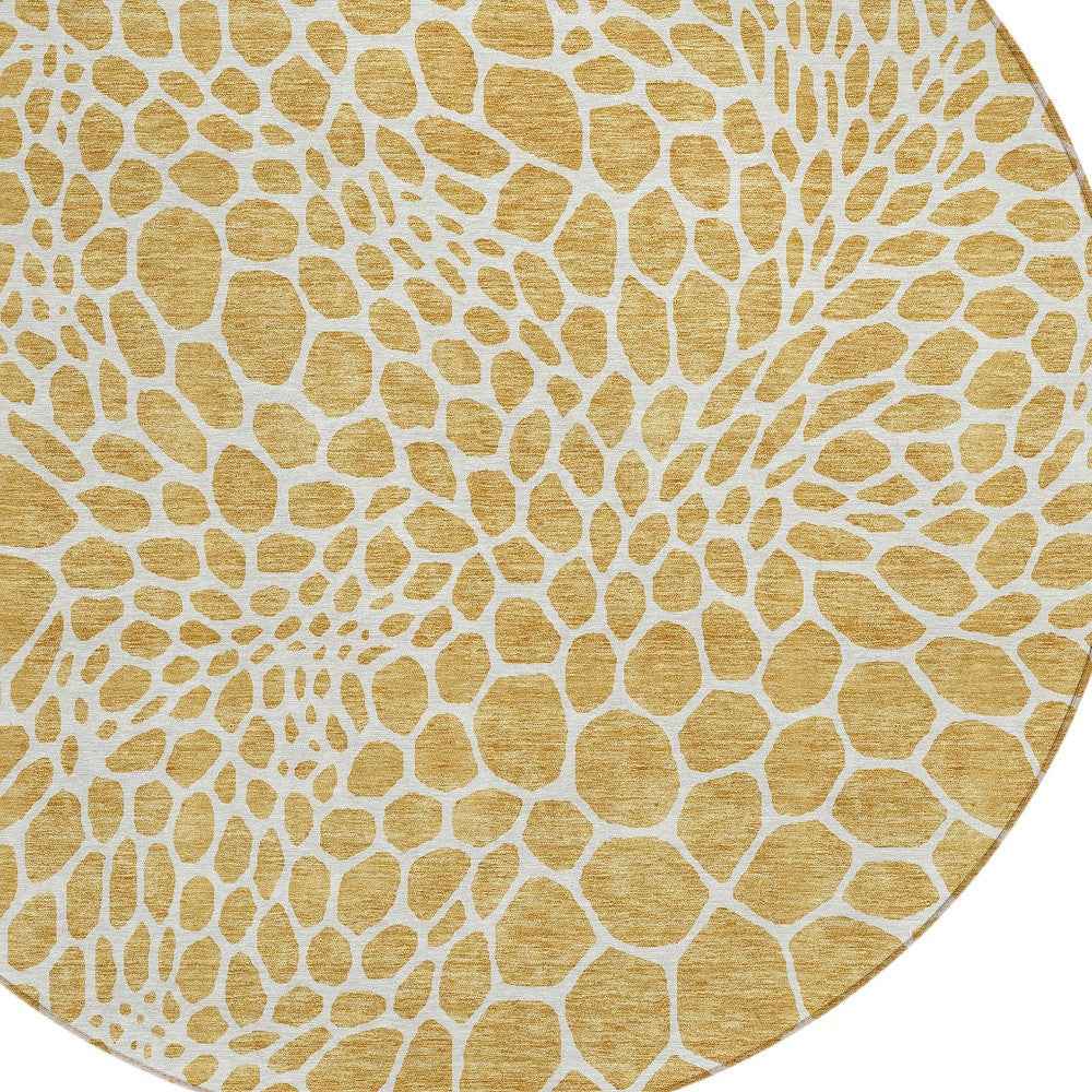 8' Gold And Ivory Round Geometric Washable Indoor Outdoor Area Rug
