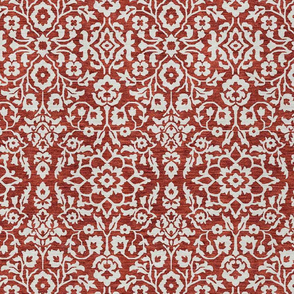 10' X 14' Red And Ivory Damask Washable Indoor Outdoor Area Rug
