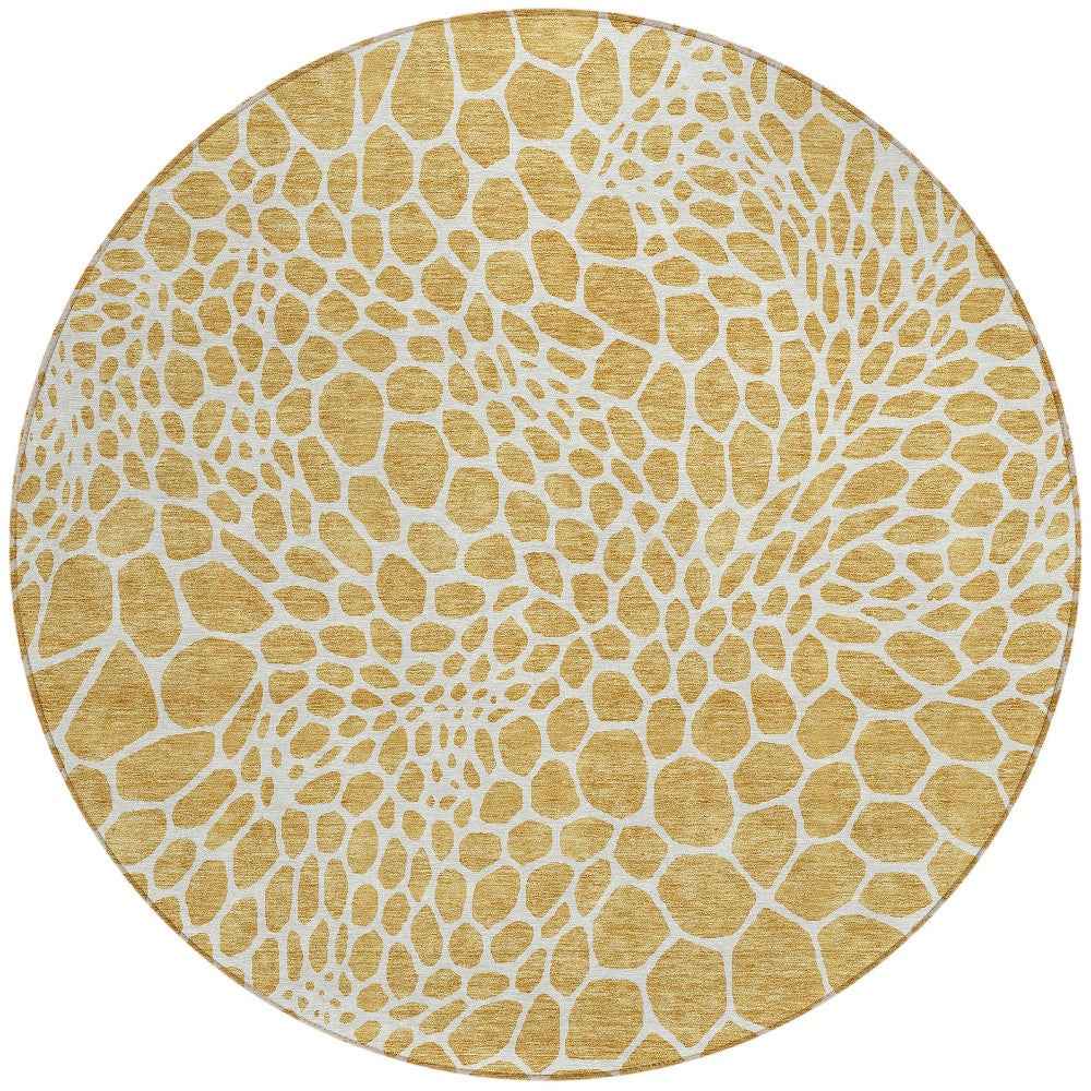 8' Gold And Ivory Round Geometric Washable Indoor Outdoor Area Rug